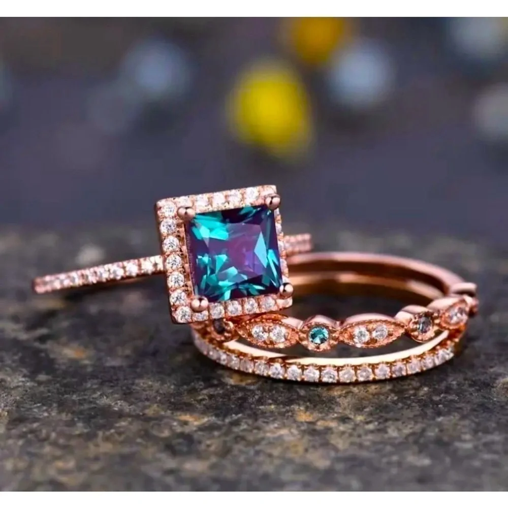 3pc Square Colorful Cubic Zirconia Ring Inlaid with Cubic Zirconia Diamonds